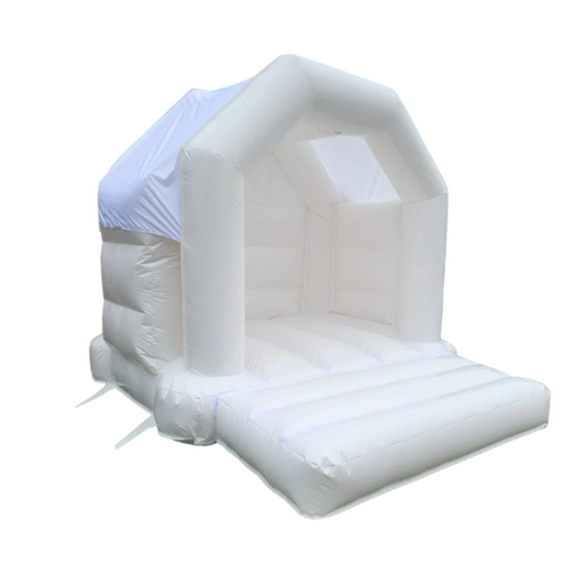White Kids A Frame Bouncy Castle with roofed play area and front inflatable step from Raynes Baby World