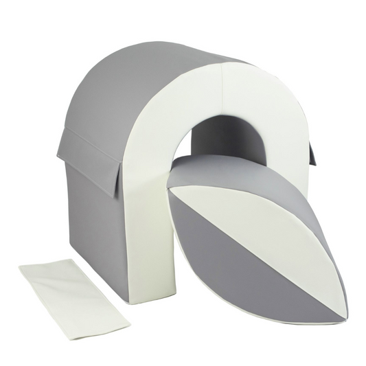 Grey and white Arch and Balance Ball play set by Raynes Baby World with arched tunnel and curved balance piece