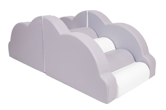 Cloud Climber in grey and white with four soft play shapes arranged for climbing and sliding supplied by Raynes Baby World
