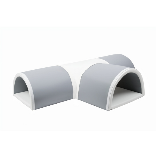 Grey and white T Shaped Tunnel soft play set by Raynes Baby World with three connected tunnel modules
