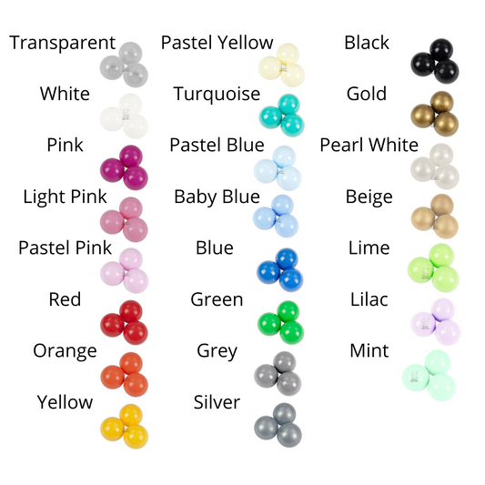 Extra Balls colour chart from Raynes Baby World showing 20 labelled shades in pastel, bright, metallic and neutral tones