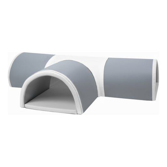 A T-shaped play tunnel made of gray and white soft material with Velcro connections.